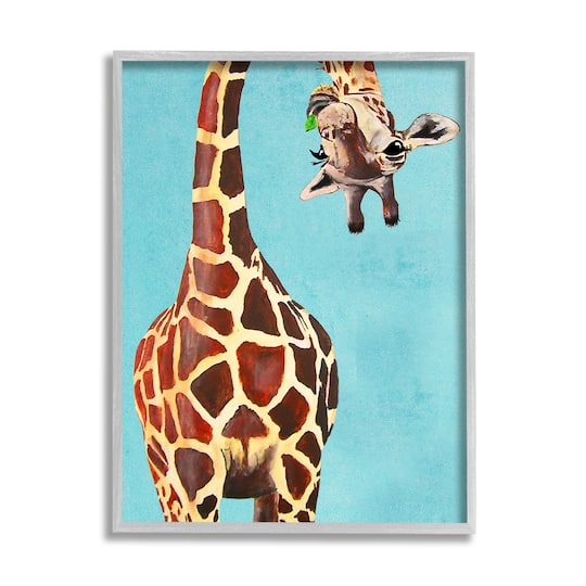 Stupell Industries Curious Upside Down Giraffe Chewing Leaves on Blue Background in Frame Wall Art